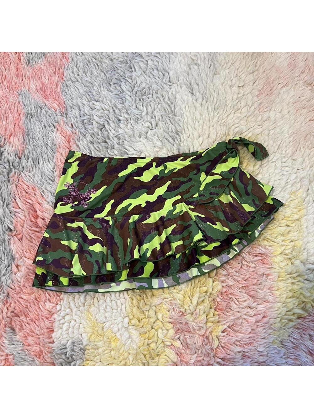 y2k green camo ruffled sparkly swim mini skirt